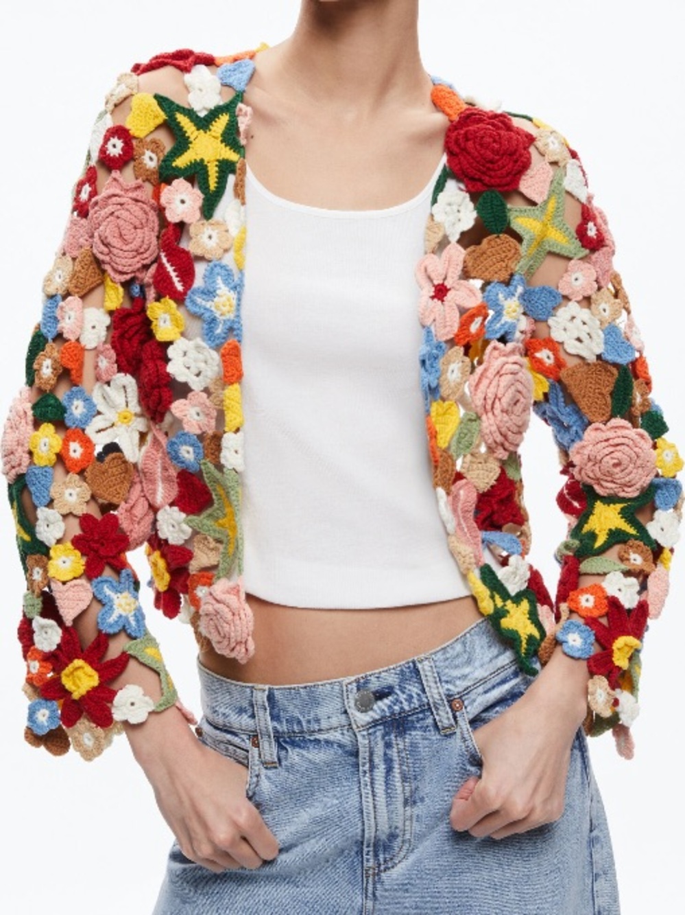 NWT ALICE + OLIVIA Fawn Crochet-Knit Collage Cardigan.XS-S